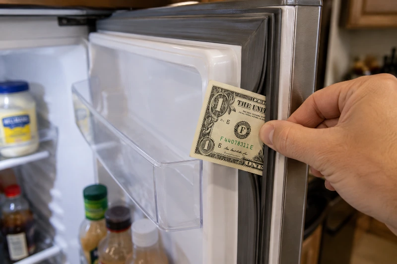 Checking if a refrigerator door gasket has failed using the paper test in a Westminster kitchen