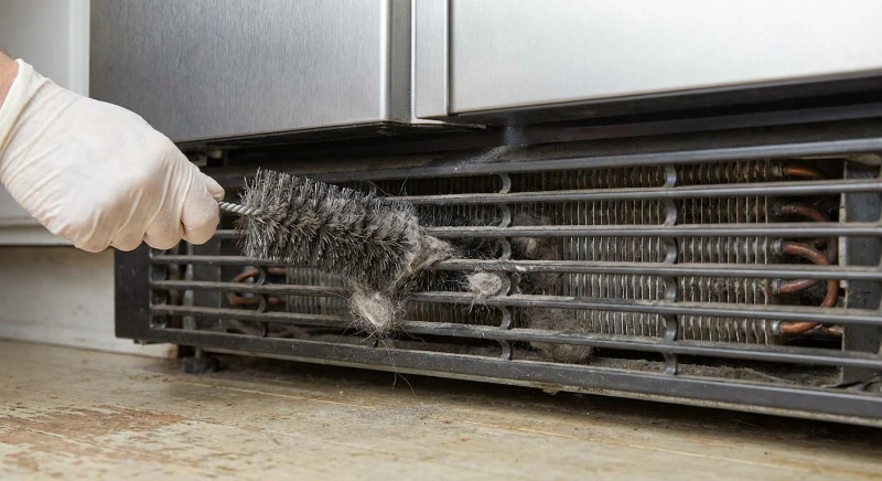 Cleaning condenser coils and checking for debris to narrow down a refrigerator noise before calling for repair